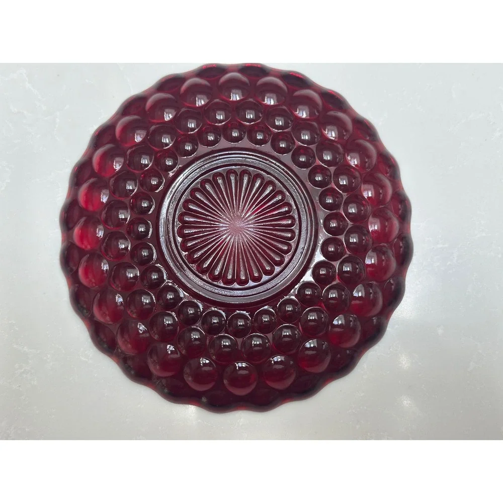 Vintage Ruby Red Glass‎ Bubble Thumbprint Saucer Scalloped Edge Sunburst Center